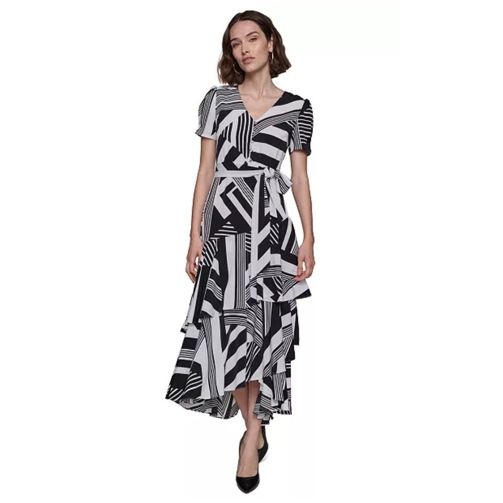 Karl Lagerfeld Paris‎ Black/White Printed Tie Waist Tiered VNeck Dress Size 8